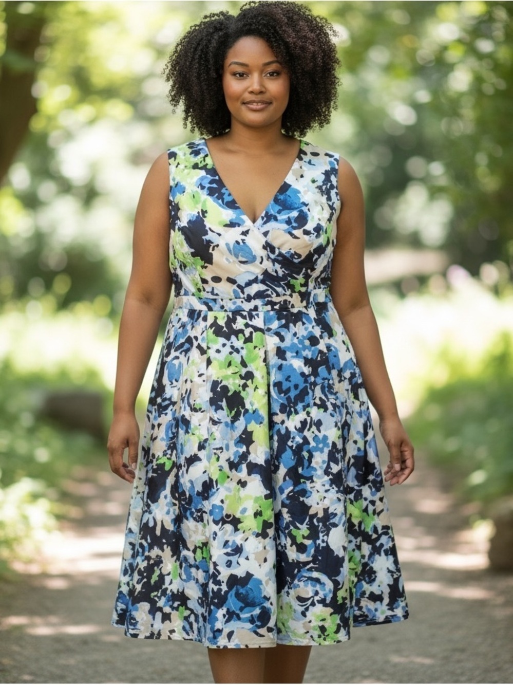 Floral V-neck Midi Dress by Evan Picone White, Periwinkle, Blue, Green Women’s 8